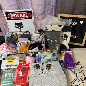 May include: A collection of cat-themed items including a Beware sign, a red mini calculator, a purple Kong toy, a cat-patterned pouch, a woven cat face bag, a black and white paw print bag, and various stationery items with cat motifs.