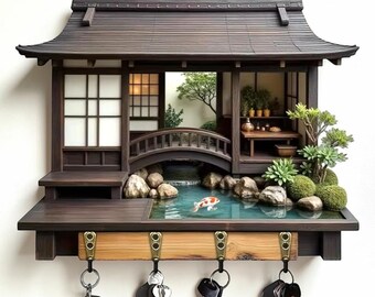 Soporte para llaves de madera retro estilo japonés, gancho de pared 2D, organizador de entrada, decoración de pared de cocina