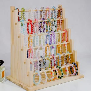 Vintage Wooden Bracelet Display Stand Stepped Jewellery Rack, Watch Holder Hair Clip Headband Organizer, Bead Storage Display