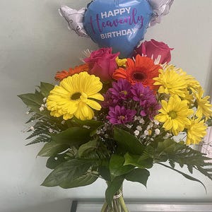 Happy Heavenly Birthday Memorial Balloon on a Stick – 8" Blue Purple Script 2-Pack with Angel Wings image 3