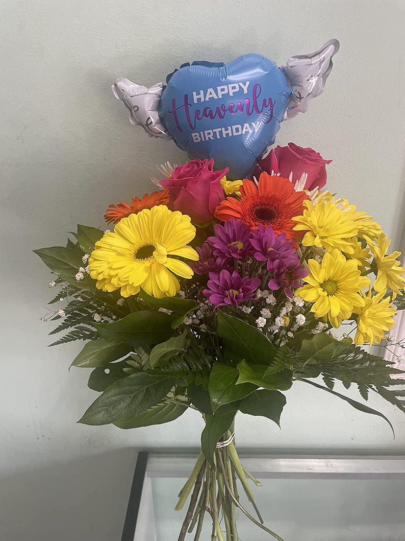 Happy Heavenly Birthday Memorial Balloon on a Stick – 8" Blue Purple Script 2-Pack with Angel Wings image 3