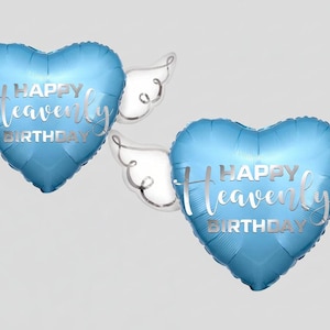 May include: Two light blue heart-shaped balloons with silver text that reads "HAPPY Heavenly BIRTHDAY". Each balloon has white, wing-shaped attachments. The balloons are on a light gray background.