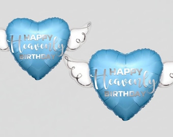 Blue Happy Heavenly Birthday 17" Memorial Balloon – Heart Shaped with Angel Wings Silver Script - 2 Balloons Included