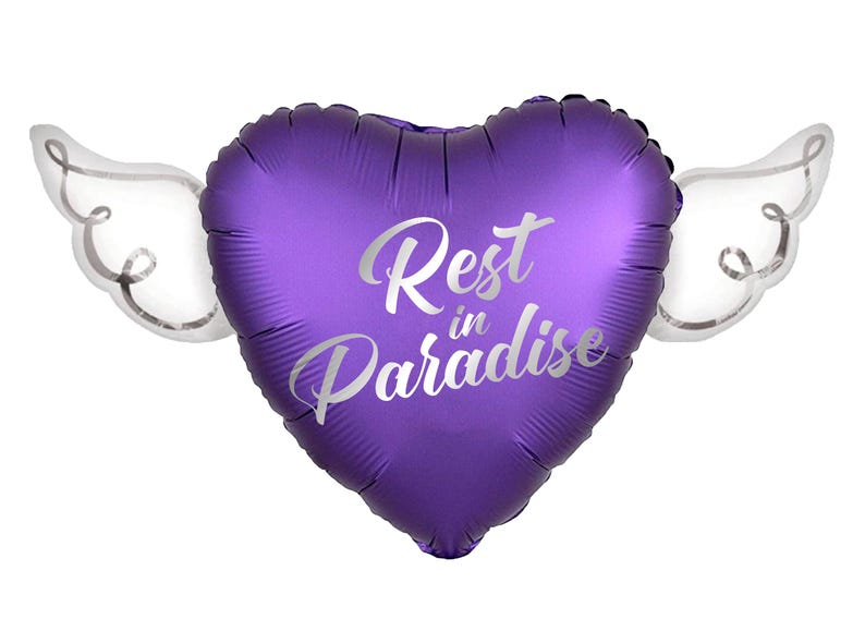 Rest In Paradise 17" Memorial Balloon – 17" Heart with Angel Wings - 2 Balloons Included Purple