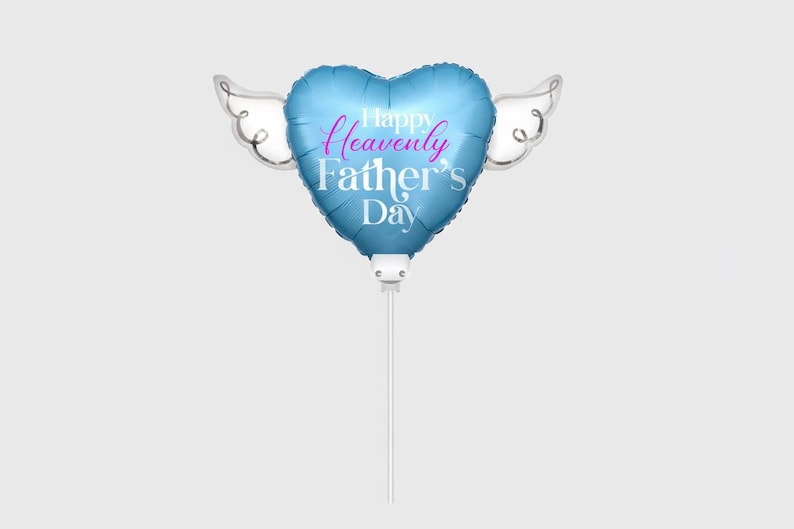Happy Heavenly Father's Day Memorial Balloon on a Stick – 8" Heart Shaped with Angel Wings Graveside Tribute – 2 Balloons, 2 Sticks & 2 Clip bild 2