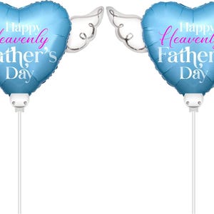 Happy Heavenly Father's Day Memorial Balloon on a Stick – 8" Heart Shaped with Angel Wings Graveside Tribute – 2 Balloons, 2 Sticks & 2 Clip bild 1