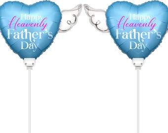 Happy Heavenly Father's Day Memorial Balloon on a Stick – 8" Heart Shaped with Angel Wings Graveside Tribute – 2 Balloons, 2 Sticks & 2 Clip