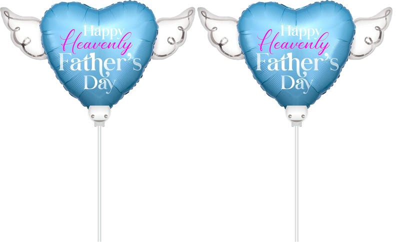 Happy Heavenly Father's Day Memorial Balloon on a Stick – 8" Heart Shaped with Angel Wings Graveside Tribute – 2 Balloons, 2 Sticks & 2 Clip bild 1