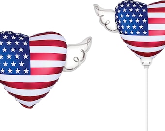 Lot de ballons commémoratifs du drapeau des États-Unis – 4 ballons | Coeur de 17 po. et bâton de 20 po. avec ailes d'ange