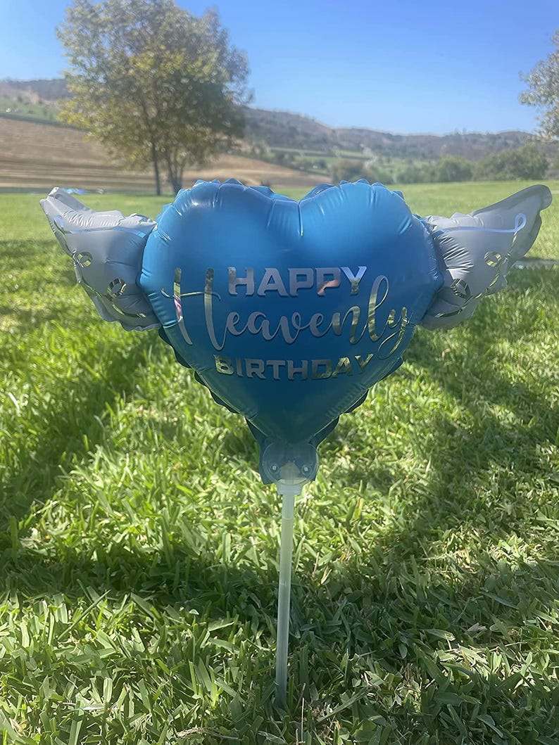 Happy Heavenly Birthday Memorial Balloons on a Stick – 8" Variety 4-Pack Blue & Pink Angel Wings Bild 6