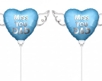 Miss You Dad Memorial Balloon on a Stick – 8" Heart Shaped with Angel Wings Graveside Tribute – 2 Balloons, 2 Sticks & 2 Clips Included