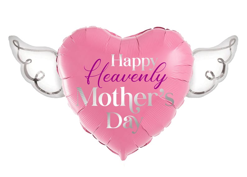 Happy Heavenly Mother's Day 17" Memorial Balloon – Heart Shaped with Angel Wings Graveside Tribute - 2 Balloons Included Pink