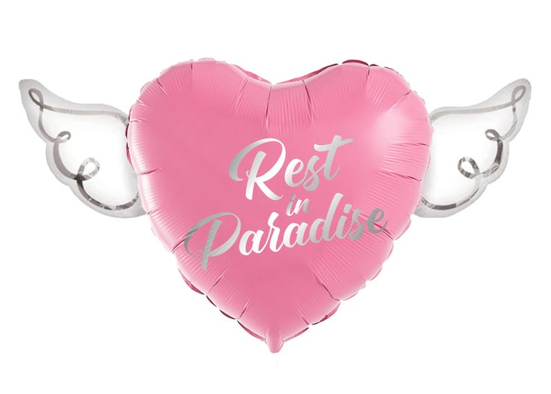 Rest In Paradise 17" Memorial Balloon – 17" Heart with Angel Wings - 2 Balloons Included Pink