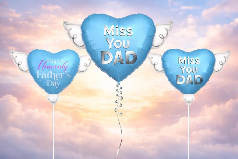Happy Heavenly Father's Day Memorial Balloon Bundle — Miss You Dad 6-Piece Angel Wing Tribute Set | Graveside & Indoor Memorial Gift image 1