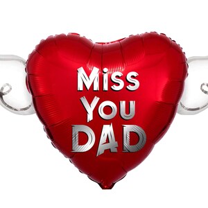 Miss You Dad 17" Memorial Balloon on a Stick – Heart Shaped with Angel Wings Graveside Tribute - 2 Balloons Included Red