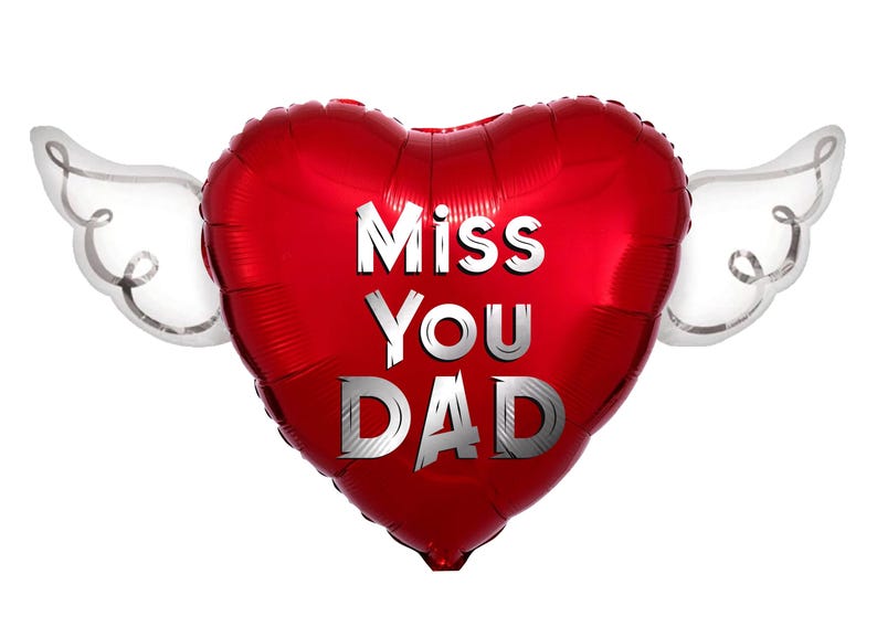 Miss You Dad 17" Memorial Balloon on a Stick – Heart Shaped with Angel Wings Graveside Tribute - 2 Balloons Included Red