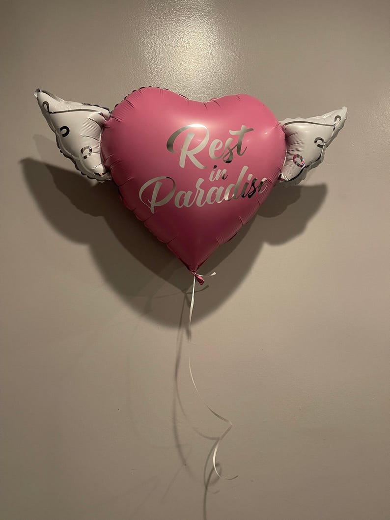 Rest In Paradise 17" Memorial Balloon – 17" Heart with Angel Wings - 2 Balloons Included image 1