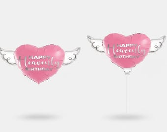Happy Heavenly Birthday Memorial Balloon Set – Pink Silver Script 17" & 8" Balloon on a Stick Angel Wings