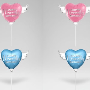 Happy Heavenly Birthday Memorial Balloons on a Stick – 8" Variety 4-Pack Blue & Pink Angel Wings Bild 1