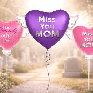 Happy Heavenly Mother's Day Memorial Balloon Bundle — Miss You Mom 6-Piece Angel Wing Tribute Set | Graveside & Indoor Memorial Gift 画像 1
