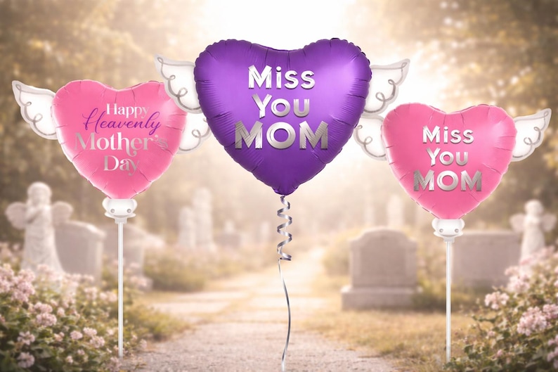 Happy Heavenly Mother's Day Memorial Balloon Bundle — Miss You Mom 6-Piece Angel Wing Tribute Set | Graveside & Indoor Memorial Gift 画像 1