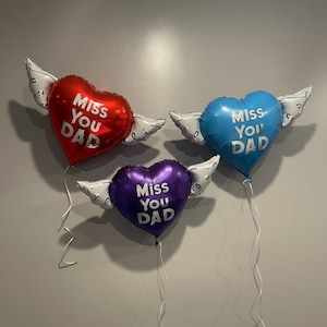 Miss You Dad 17" Memorial Balloon on a Stick – Heart Shaped with Angel Wings Graveside Tribute - 2 Balloons Included image 1