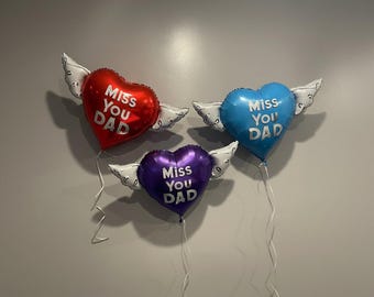 Miss You Dad 17" Memorial Balloon on a Stick – Heart Shaped with Angel Wings Graveside Tribute - 2 Balloons Included