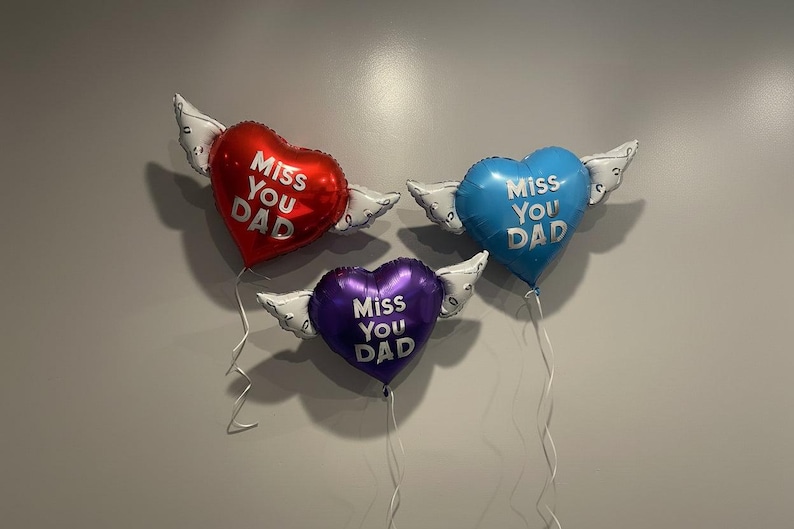 Miss You Dad 17" Memorial Balloon on a Stick – Heart Shaped with Angel Wings Graveside Tribute - 2 Balloons Included image 1