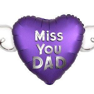 Miss You Dad 17" Memorial Balloon on a Stick – Heart Shaped with Angel Wings Graveside Tribute - 2 Balloons Included Purple