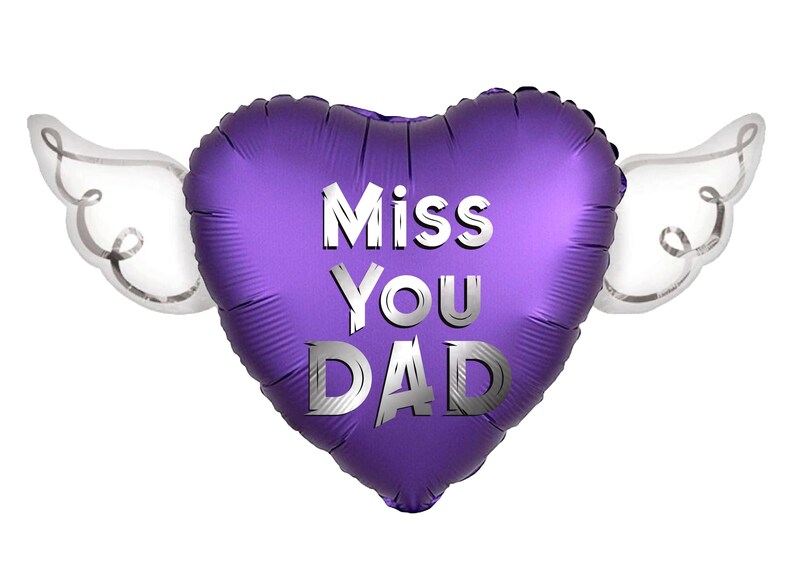 Miss You Dad 17" Memorial Balloon on a Stick – Heart Shaped with Angel Wings Graveside Tribute - 2 Balloons Included Purple
