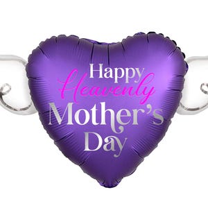 Happy Heavenly Mother's Day 17" Memorial Balloon – Heart Shaped with Angel Wings Graveside Tribute - 2 Balloons Included Purple