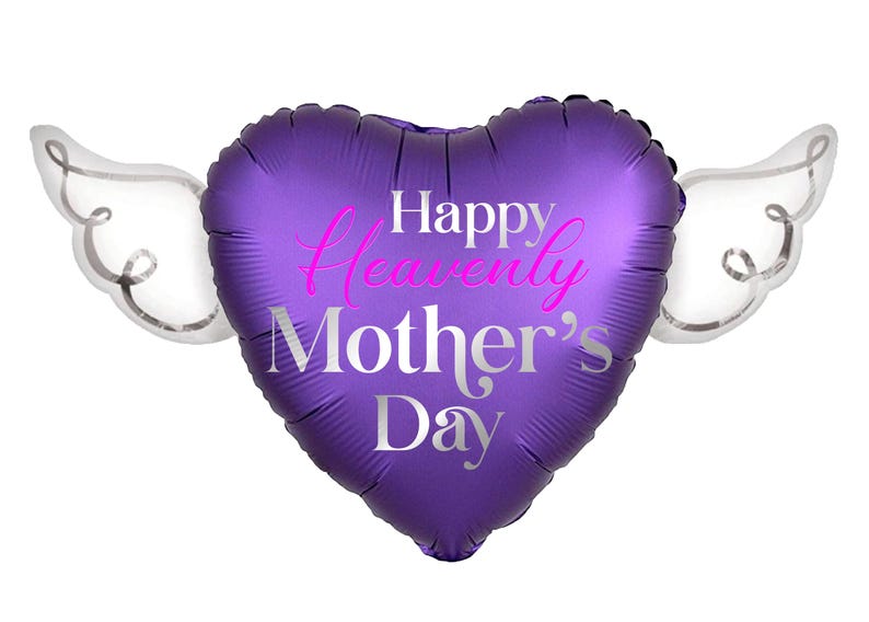 Happy Heavenly Mother's Day 17" Memorial Balloon – Heart Shaped with Angel Wings Graveside Tribute - 2 Balloons Included Purple
