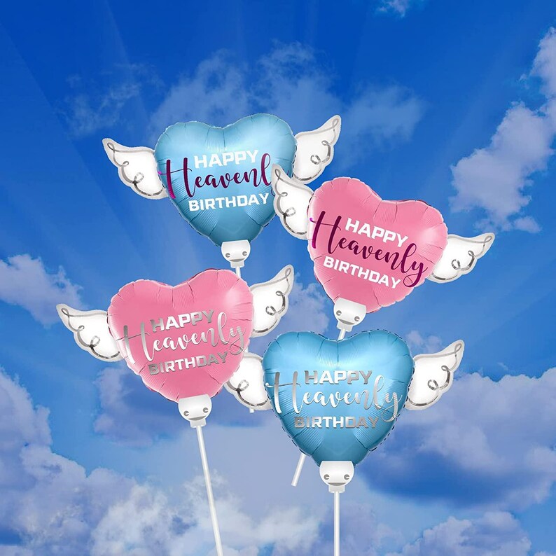 Happy Heavenly Birthday Memorial Balloons on a Stick – 8" Variety 4-Pack Blue & Pink Angel Wings Bild 3