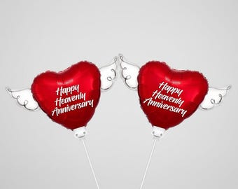 Happy Heavenly Anniversary Memorial Balloon on a Stick – 8" Heart Shaped with Angel Wings | Graveside Tribute | 2 Balloons, 2 Sticks & 2 Cli
