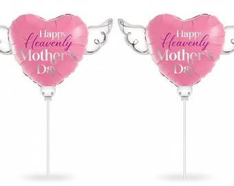 Happy Heavenly Mother's Day Memorial Balloon on a Stick – 8" Heart Shaped with Angel Wings Graveside Tribute – 2 Balloons, 2 Sticks & 2 Clip