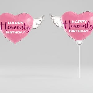 Ensemble de ballons commémoratifs Happy Heavenly Birthday – Ballons roses de 17 et 20 pouces sur un bâton avec des ailes d'ange image 1