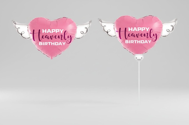 Ensemble de ballons commémoratifs Happy Heavenly Birthday – Ballons roses de 17 et 20 pouces sur un bâton avec des ailes d'ange image 1