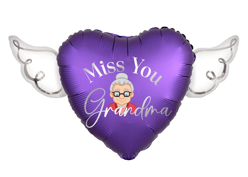 Globo conmemorativo "Te extraño, abuela" de 43 cm (17") con forma de corazón y alas de ángel para homenaje en la tumba. Incluye 2 globos. Purple