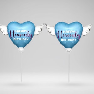 Happy Heavenly Birthday Memorial Balloon on a Stick – 8" Blue Purple Script 2-Pack with Angel Wings image 1