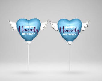 Globo conmemorativo de Feliz Cumpleaños Celestial en un palo – Paquete de 2 unidades de 8 pulgadas con letras azules y moradas y alas de ángel.