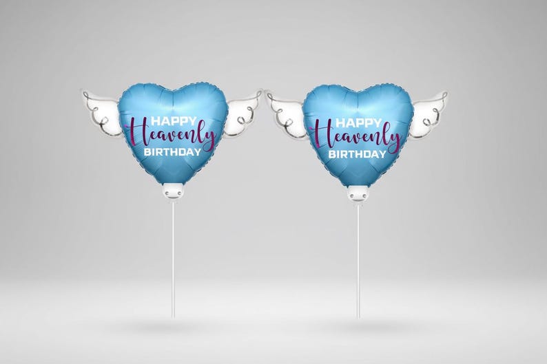Happy Heavenly Birthday Memorial Balloon on a Stick – 8" Blue Purple Script 2-Pack with Angel Wings image 1