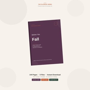 May include: A digital guide titled "Before You Fall" with a deep purple cover. The book's title is in large white letters, with the subtitle "A Man's Honest Guide to Dating Behavior, Attraction & Compatibility". The guide is for women in dating.