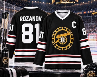 Rozanov 81 Hockey Shirt, Rozanov Hockey Jerse, Gold Red Black V-Neck Long Sleeve, Hockey Lover Gift Fan