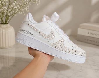 Personalized Bridal Sneakers for Bride, Pearl Wedding Shoes, Custom Rhinestone Sneakers, Luxury Wedding Reception Shoes