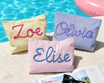 Customized Seersucker Toiletry Bag Chenille Name Summer Beach Bag Organizer Girls Trip Gift