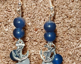Nautical Anchor Earrings, Navy Blue & White Beaded Dangle Earrings, Handmade Coastal Jewelry, Beach Lover Gift, Summer Accessories