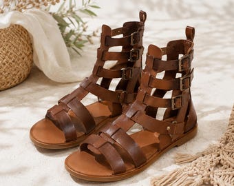 Handmade Genuine Leather Gladiator Sandals: Boho Artisan Summer Flat Shoes.