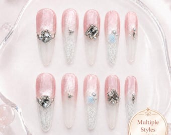 Handmade Pink Gradient Glitter Press On Nails, Luxury Mermaid Nails, 3D Shell & Rhinestone Charms