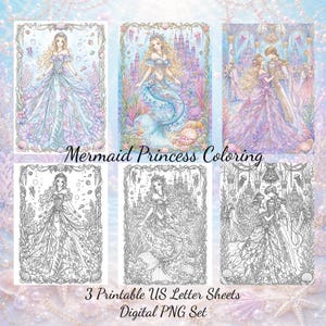 Dibujos para colorear de la Princesa Sirena, 3 hojas imprimibles tamaño carta estadounidense, conjunto digital PNG.