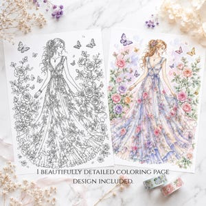 Floral Gown Coloring Page for Adults | Printable PDF US Letter & A4 + Digital PNG | Elegant Rose Garden Fashion Illustration